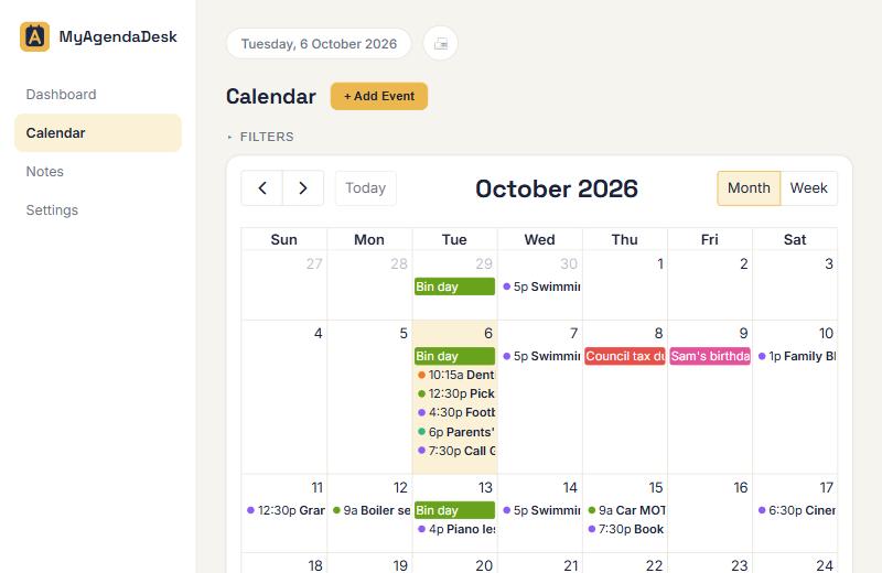 The calendar on a computer, with a birthday and a bill due highlighted in their own colours
