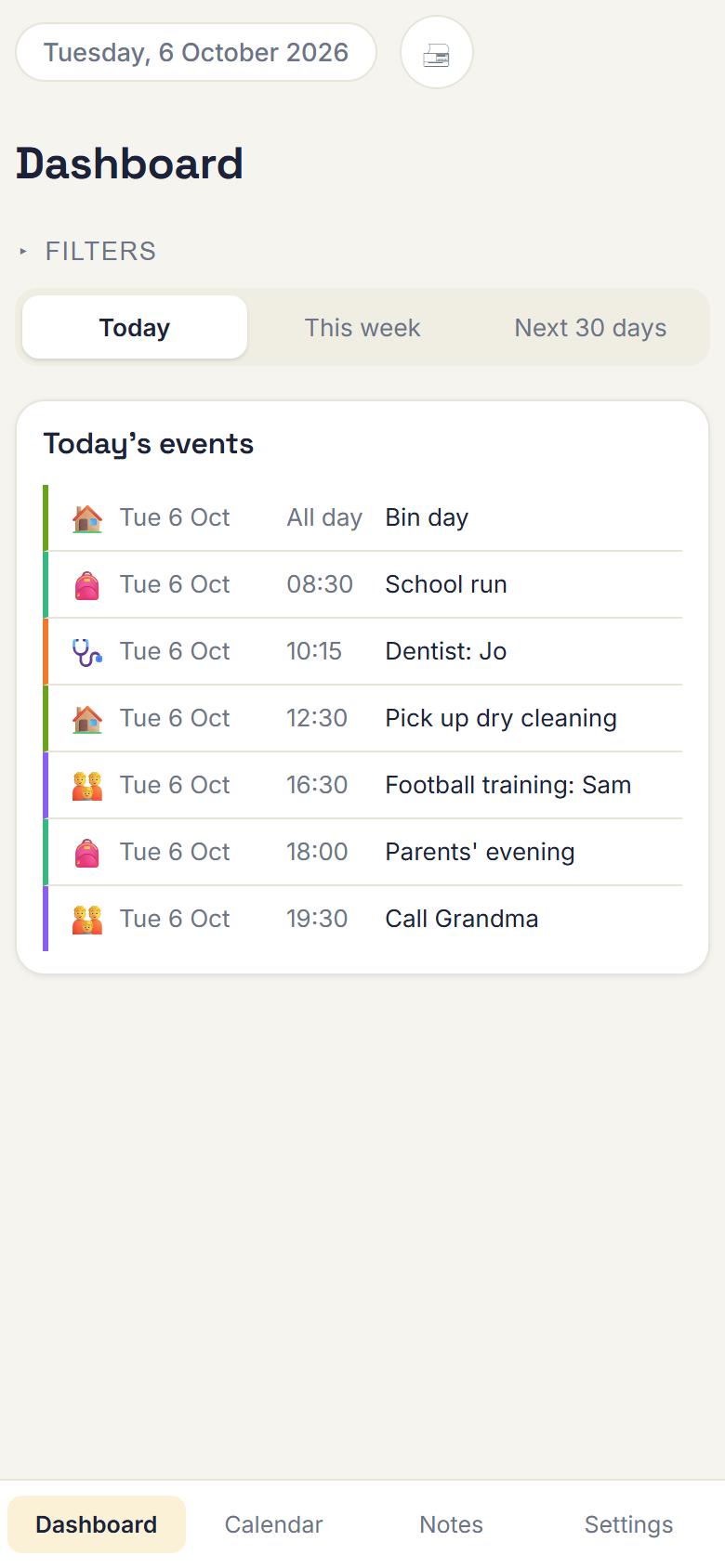 A phone showing a full day of events on the MyAgendaDesk dashboard