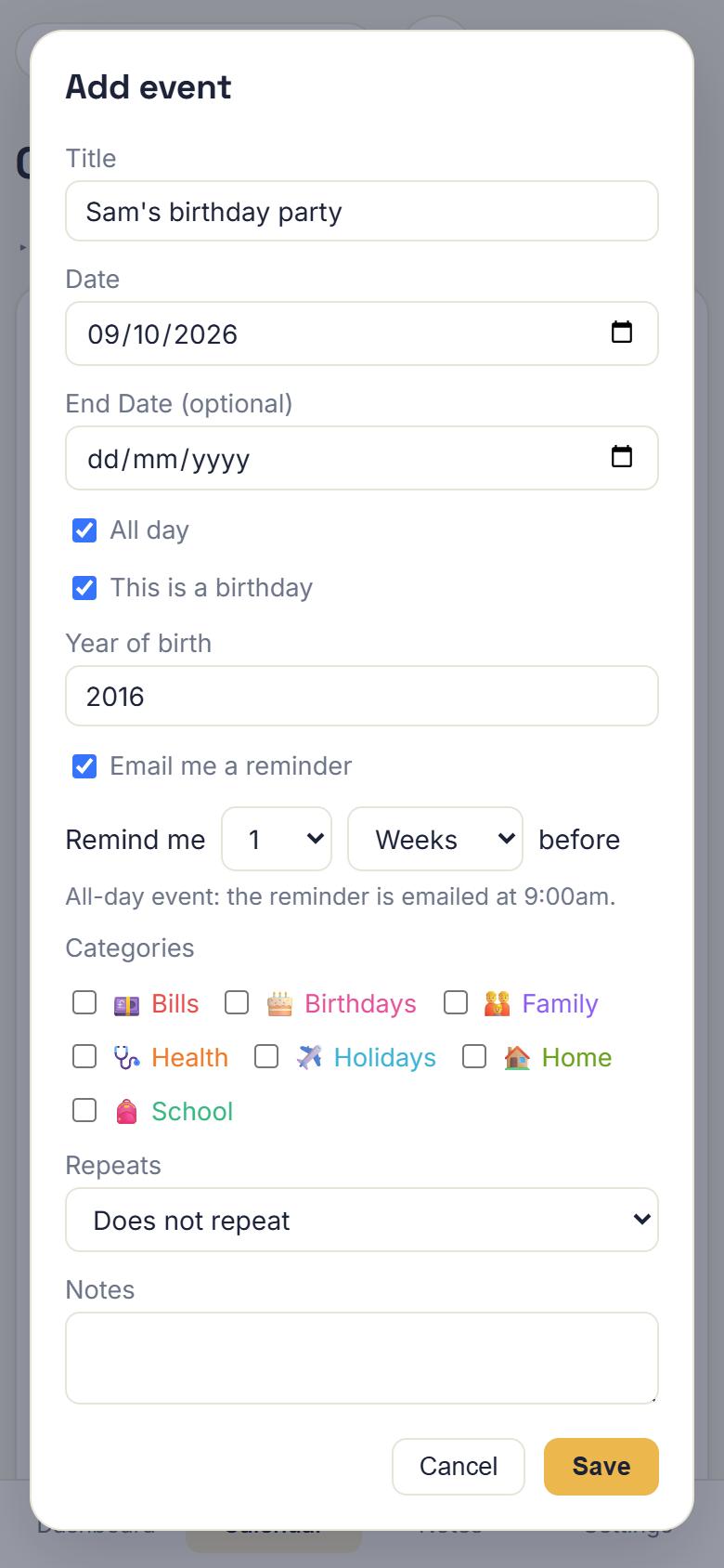The add-event form on a phone with a birthday and an email reminder switched on