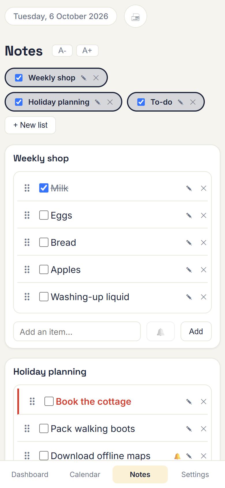 Two notes lists on a phone: a weekly shop and holiday planning, with one urgent item in red